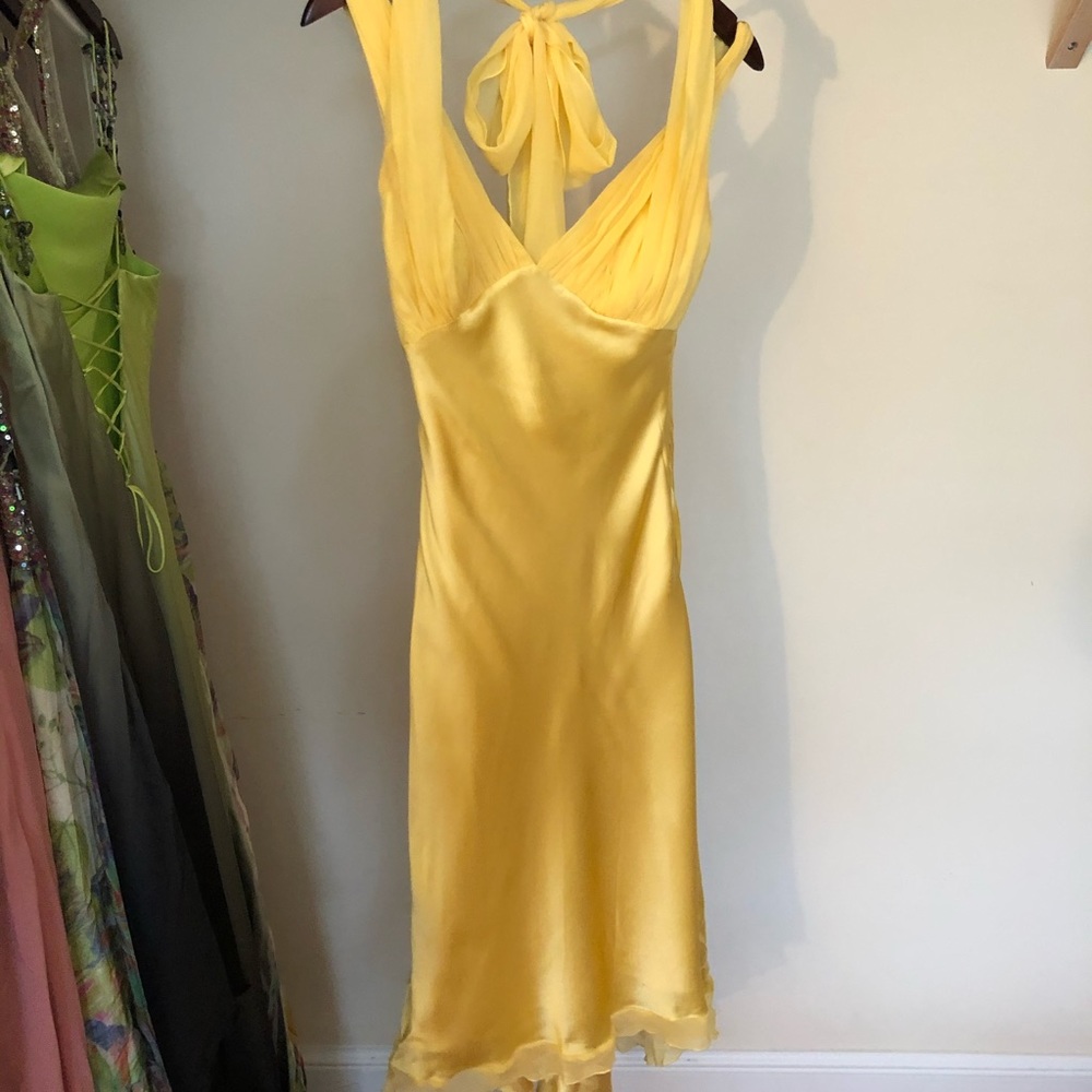 Yellow formal high low dress with open back